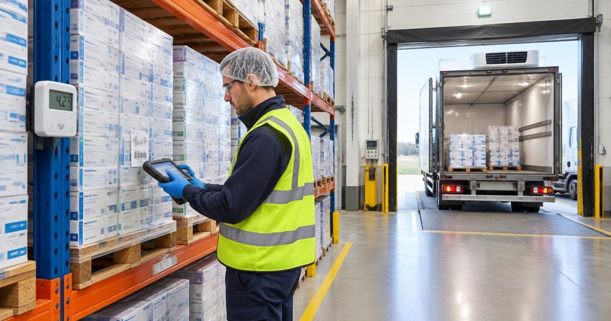 Warehouse operative scanning medicine pallets in a temperature-controlled EU GDP distribution warehouse