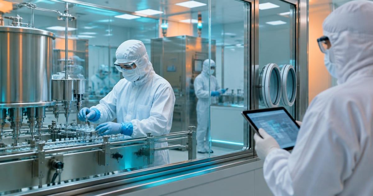 EU GMP Annex 1: a fully gowned operator works at an aseptic filling line behind barrier glass while a colleague reviews records on a tablet