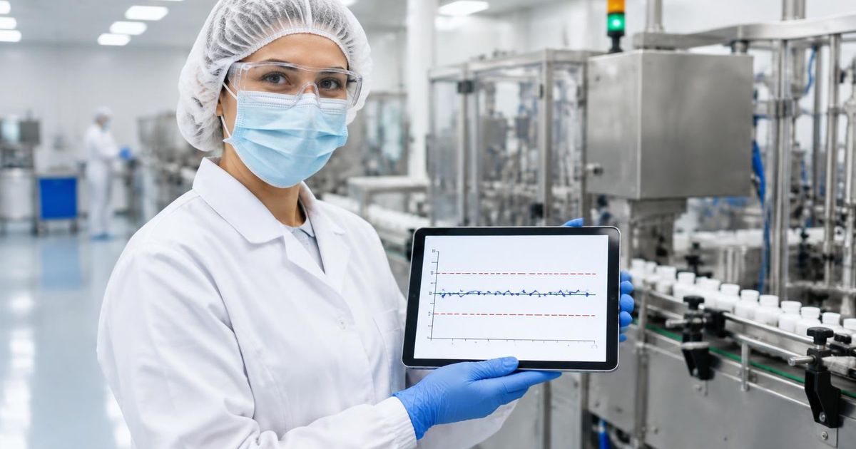 Quality engineer in hair cover, mask, glasses and gloves holding a tablet showing a control chart with limits beside a packaging line