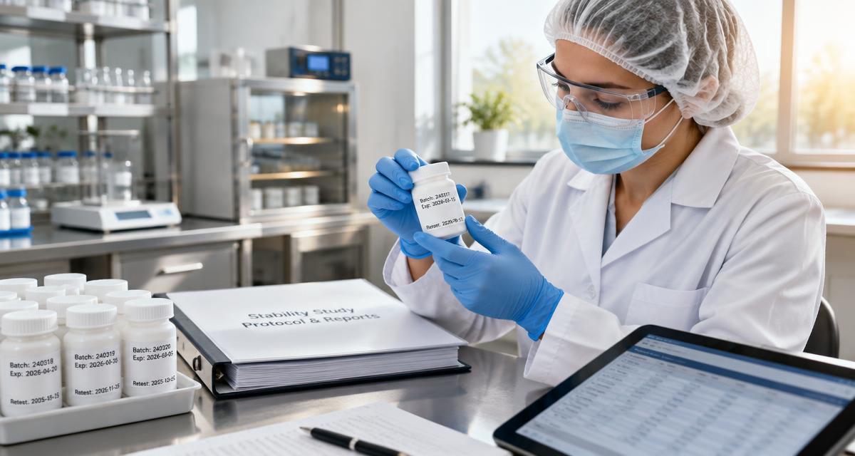 Expiry vs retest date: a scientist in hair cover, mask, safety glasses and gloves checks labelled sample containers beside a stability study binder
