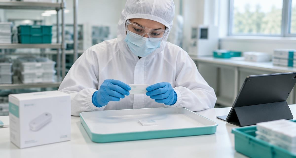 Protected packaging quality reviewer comparing a retained device label with a separate reference label beside a tablet and inspection tray