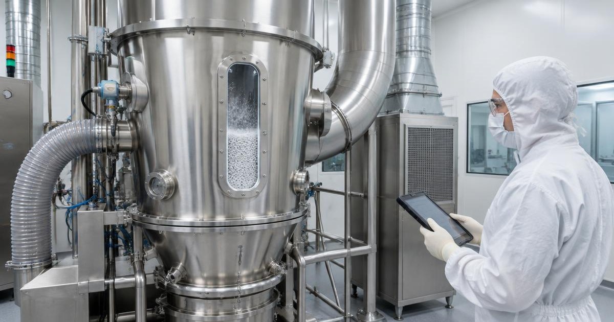 Operator in hood, mask, glasses, protective suit and gloves reviewing fluid-bed granulator and air handling ducts on tablet
