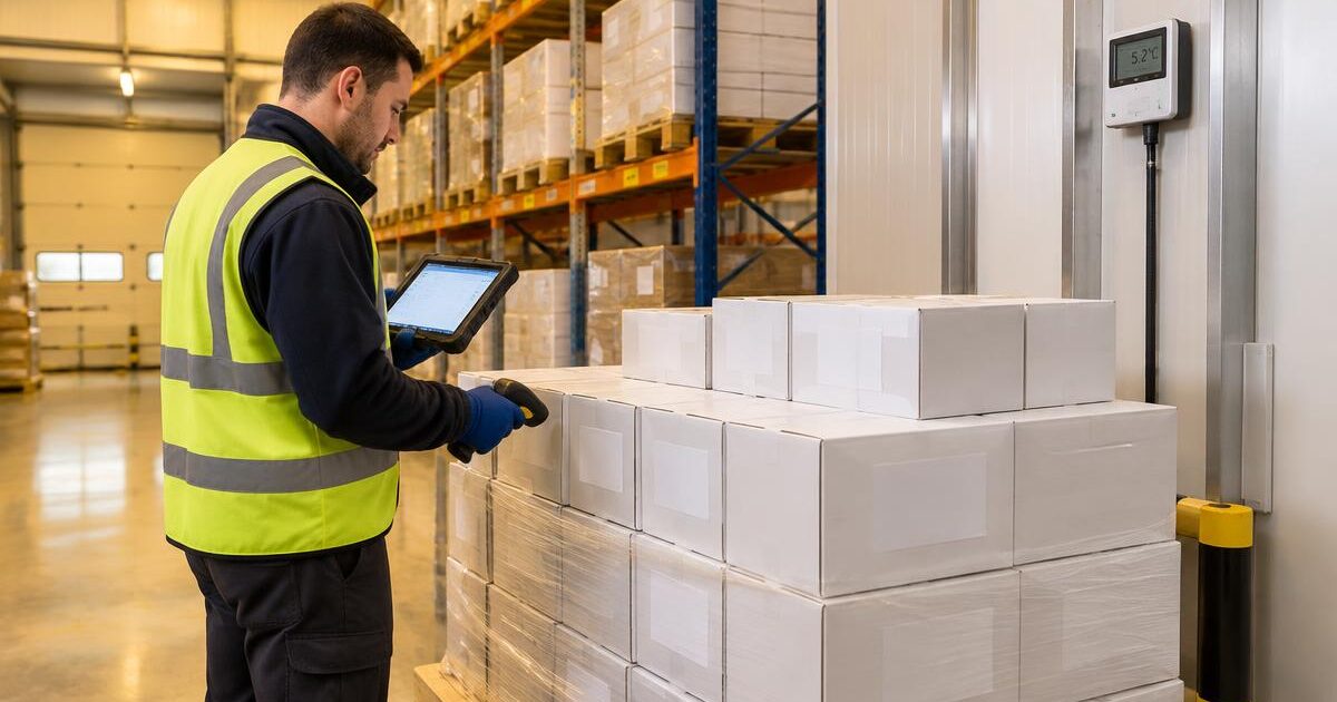 GDP pharma: a warehouse operative scans medicine cartons on a tablet in a temperature-monitored pharmaceutical distribution store