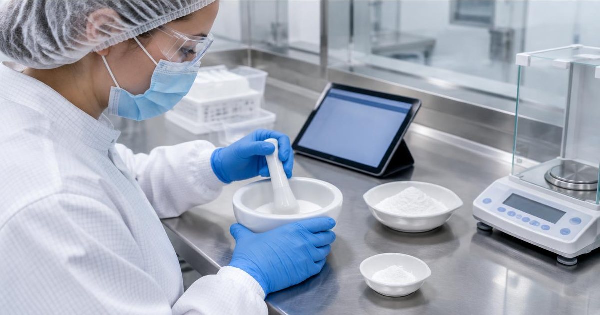Geometric dilution: a pharmacist in PPE blends a small potent powder portion with diluent in a mortar