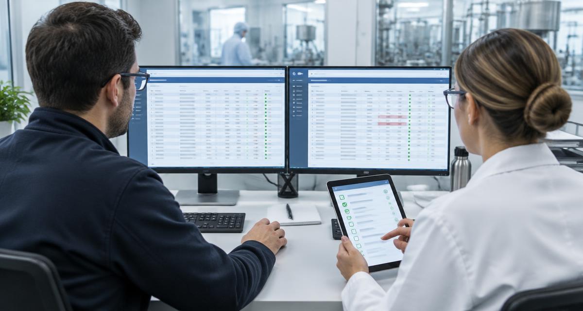 GMP data migration: an IT specialist and a quality professional compare records on two screens with a reconciliation checklist