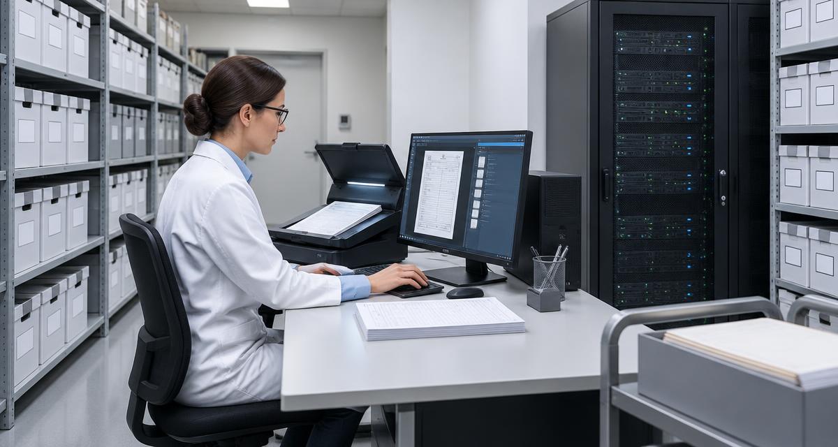 GMP record retention and archiving: a records manager scans a batch record into a digital archive beside organised document boxes