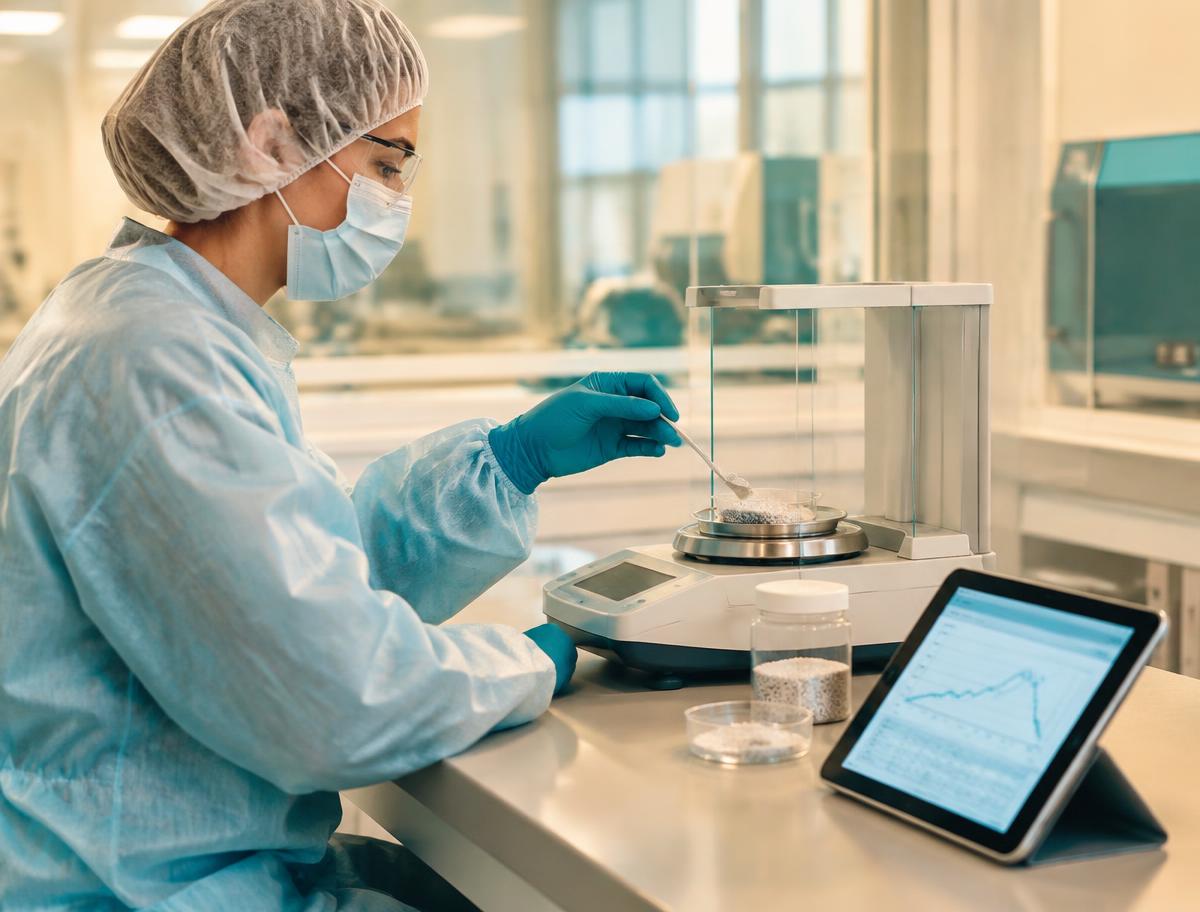 Technician in hair cover, mask, glasses, gown and gloves loading a granulation sample onto a moisture analyzer
