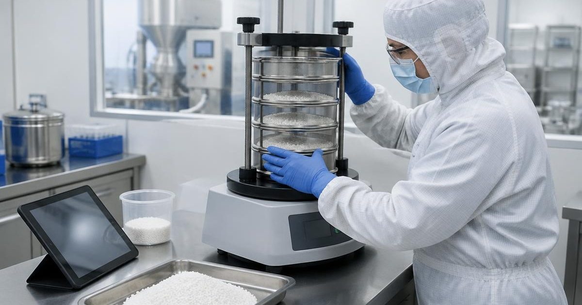 Granule size distribution: an operator in PPE runs a nested sieve stack with pharmaceutical granules