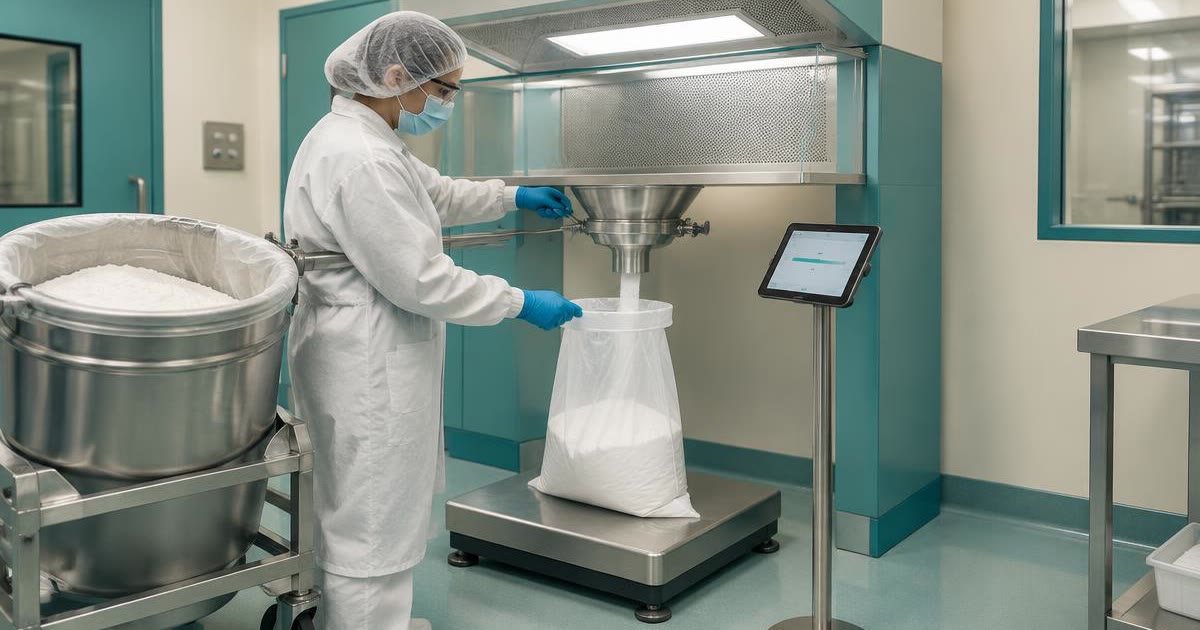 Gravimetric dispense: an operator in PPE dispenses powder into a bag on a floor scale under a downflow booth