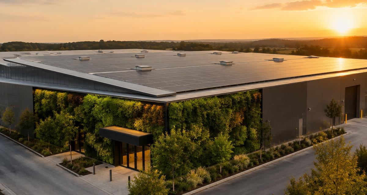 A modern warehouse with rooftop solar panels and a green living wall at the entrance at golden hour