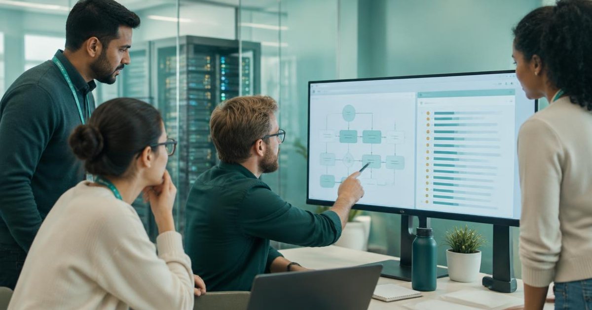 Quality and IT team reviewing a regulated cloud system diagram and audit trail