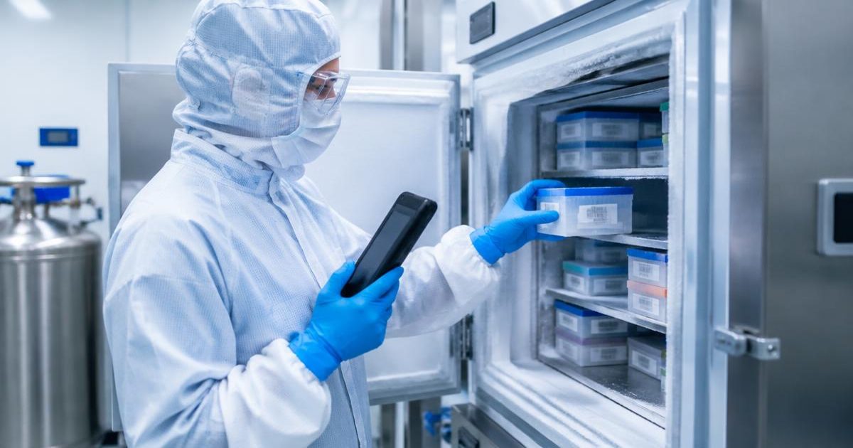 HCT/P: a gowned tissue bank technician scans a labelled tissue container into cryogenic storage