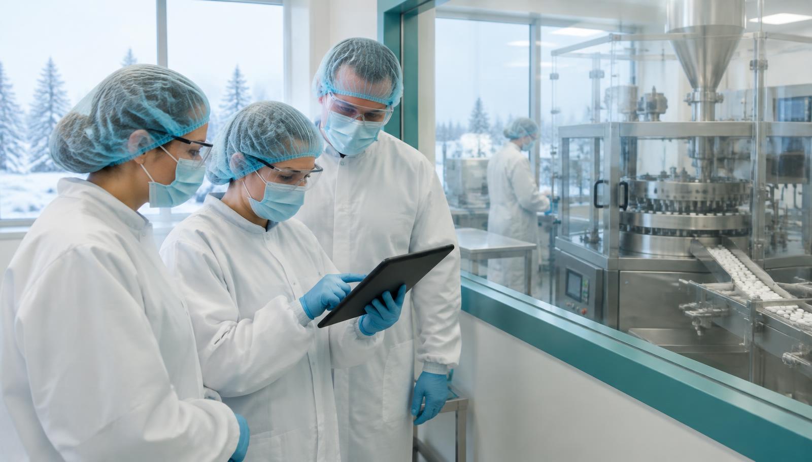 Quality staff in gowns and masks reviewing a licence checklist on a tablet beside a tablet press room