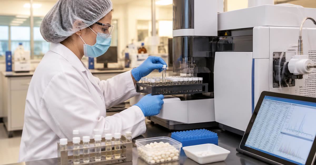 QC analyst in hair cover, mask, glasses and gloves loading supplement digests into an ICP-MS autosampler
