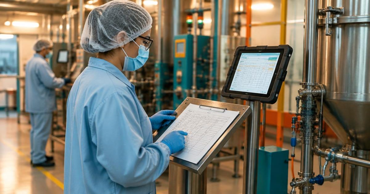 Hybrid record system: an operator in PPE reconciles a paper batch record sheet with an electronic record on a mounted tablet
