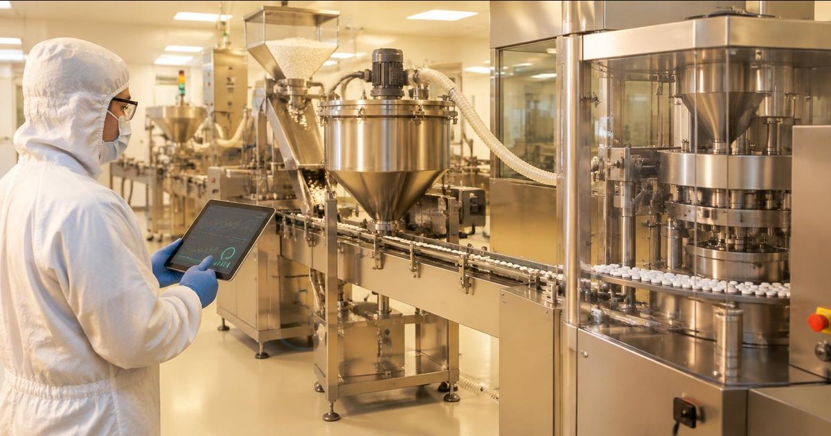ICH Q13 continuous manufacturing: an operator monitors connected feeders, blender and tablet press on a tablet