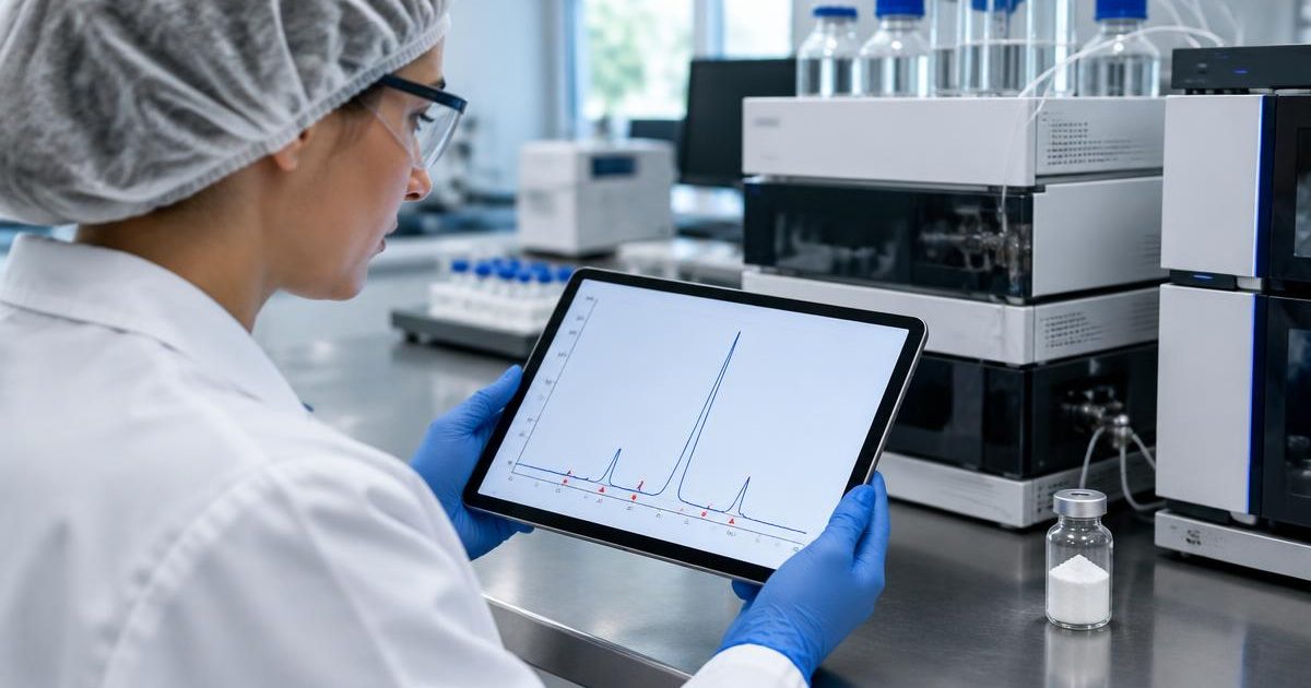 ICH Q3A impurities: a chemist reviews a chromatogram with small impurity peaks next to an API sample