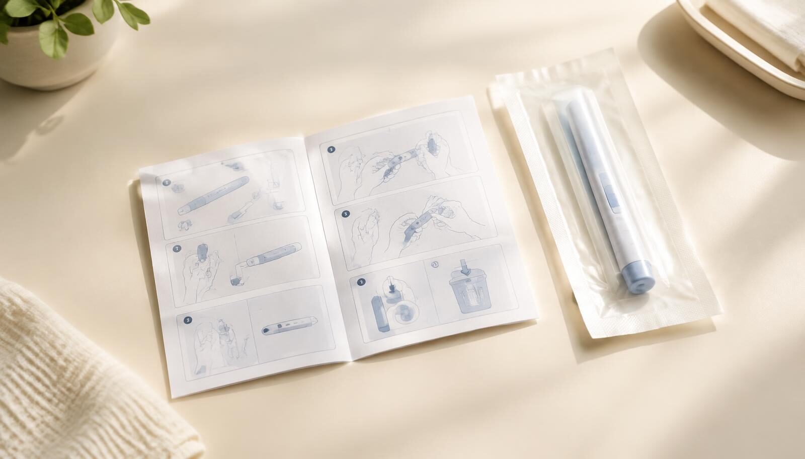 IFU: an illustrated instructions-for-use leaflet beside a sterile-packaged medical device
