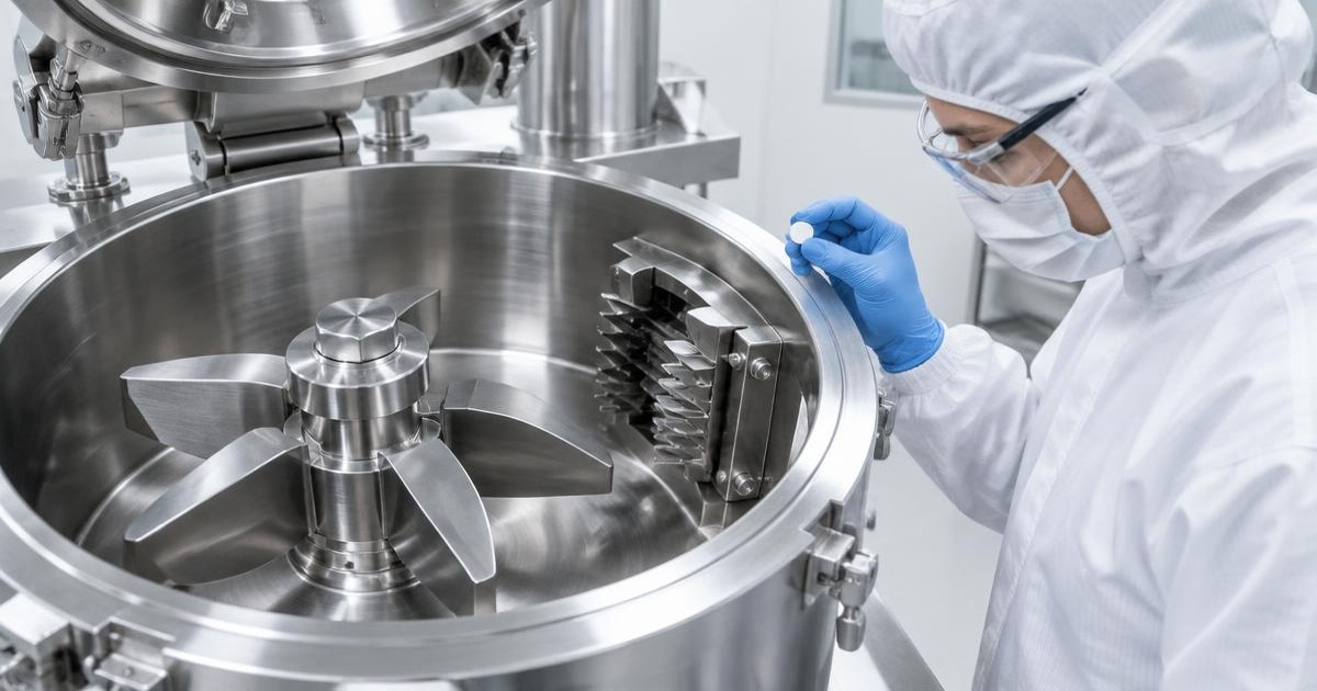 impeller and chopper speed context: protected personnel examining relevant equipment and materials with a tablet in a manufacturing workplace
