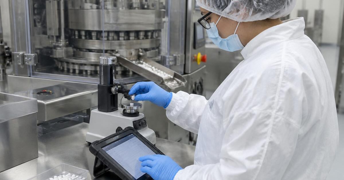 An operator in hair cover, mask and gloves tests tablet hardness beside a tablet press and records it on a tablet