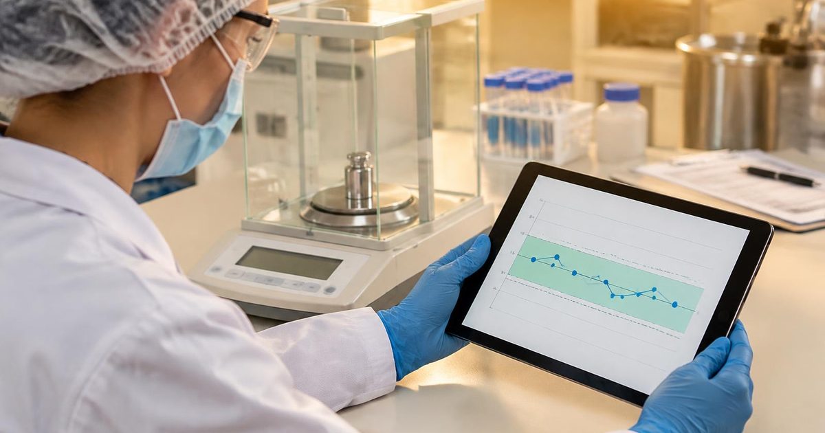 Analyst in hairnet, mask, glasses and gloves comparing a result to a specification band on a tablet