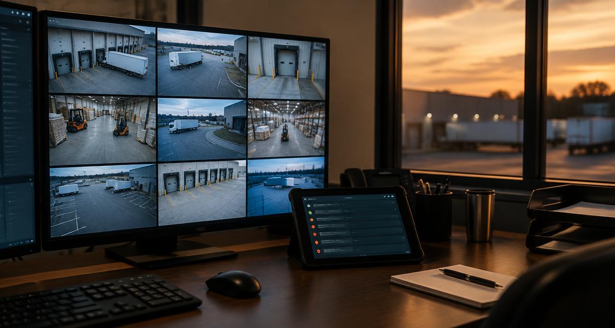 Security desk with a monitor wall of warehouse camera feeds and an incident log tablet at dusk