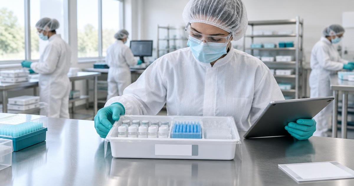 Protected laboratory colleague examining an IVD reagent kit beside a tablet