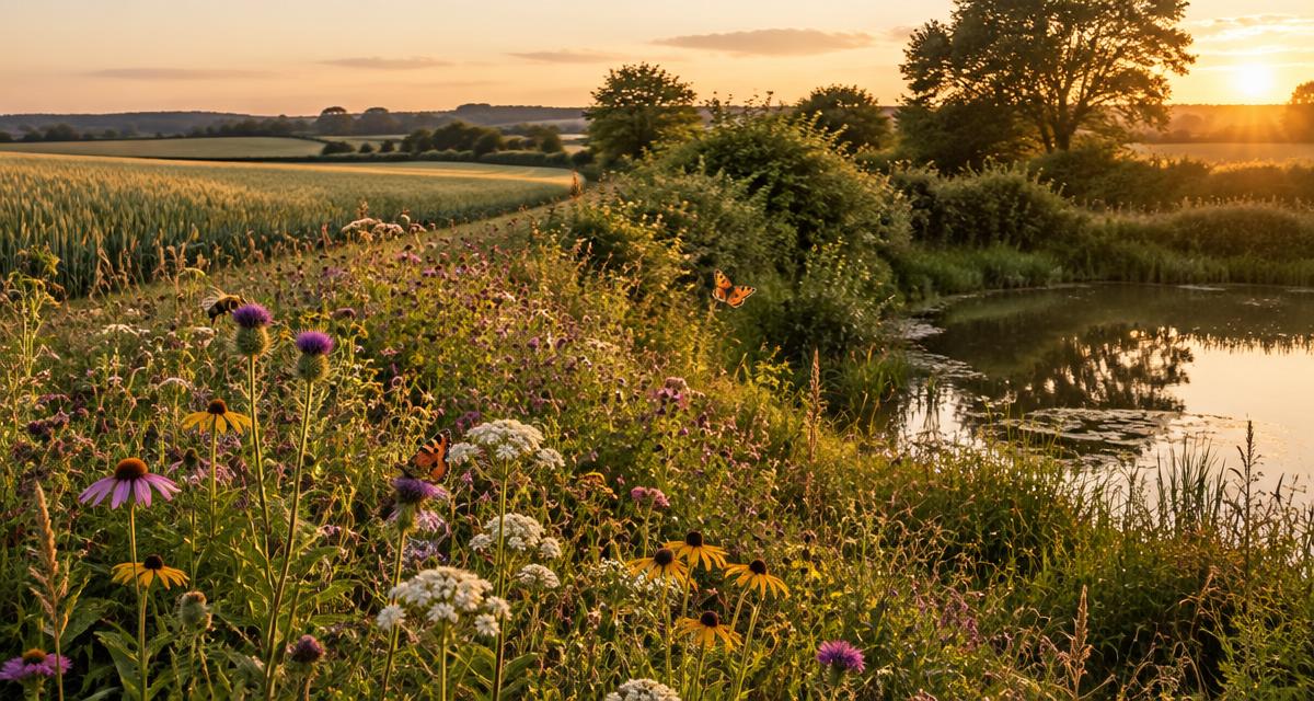 A wildflower field margin beside a crop field with a pond and hedgerow at golden hour