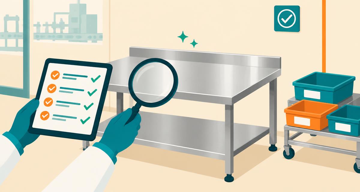Line clearance: an empty clean worktable inspected with a magnifying glass and a checklist on a tablet, previous materials removed