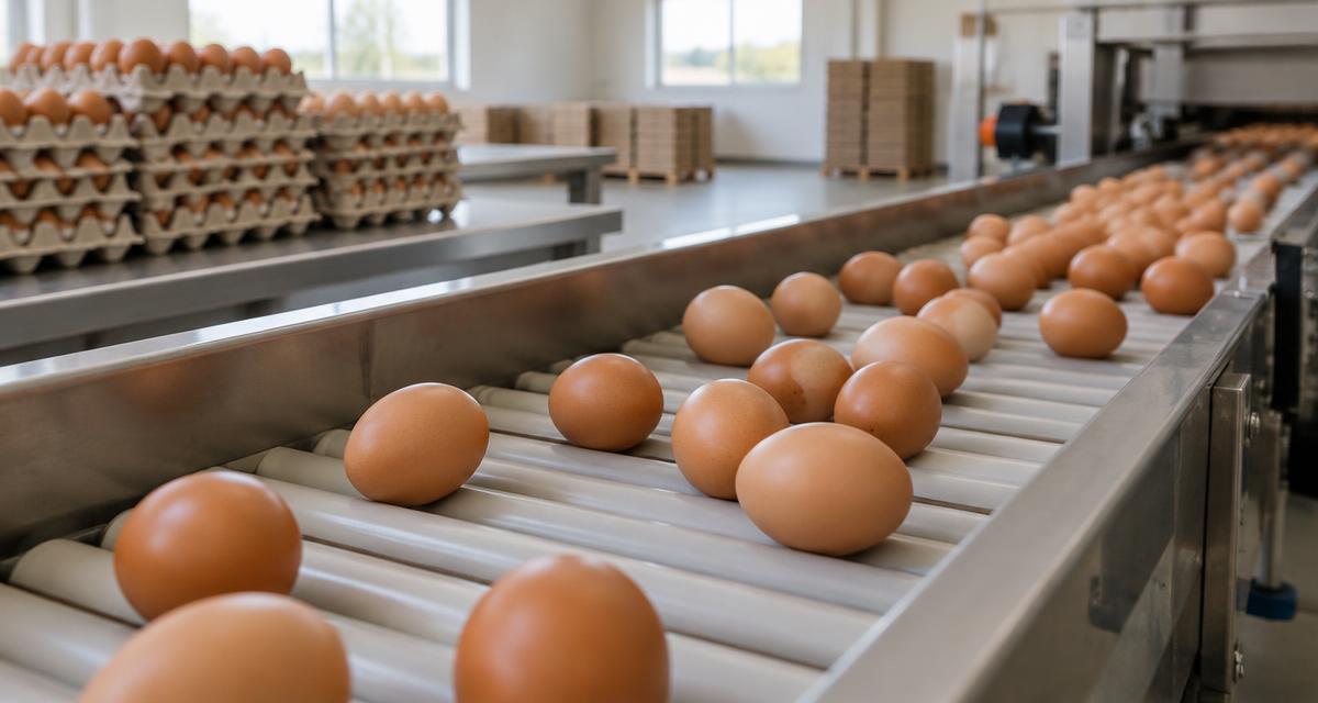 Brown eggs moving gently on a roller conveyor in a clean egg packing shed