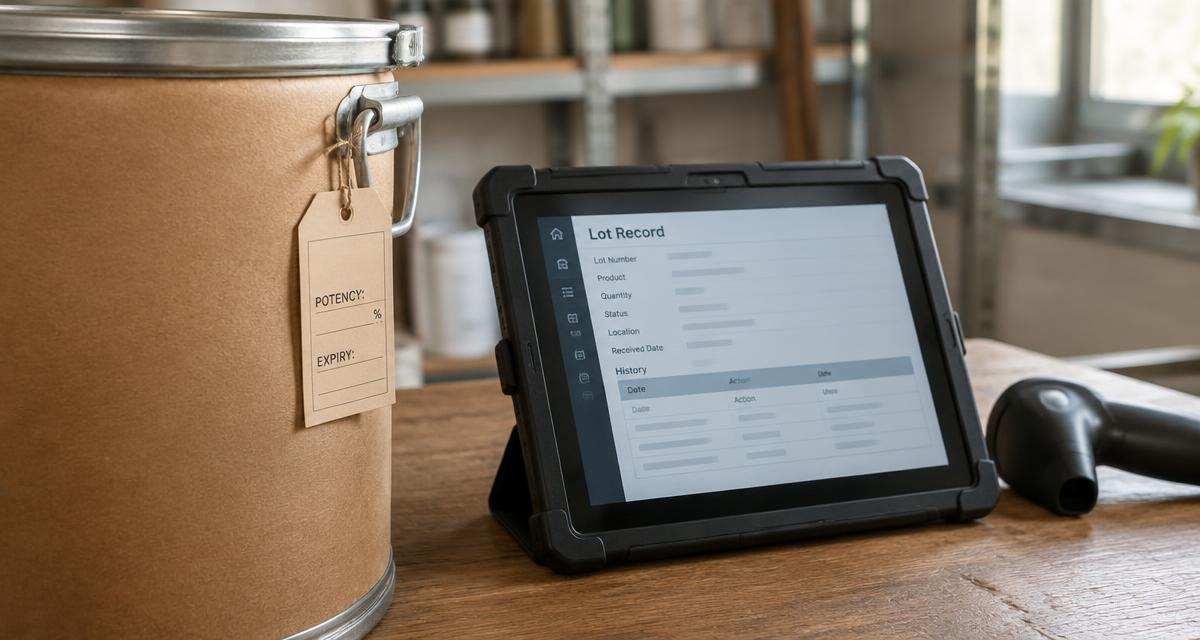 Lot attribute context: a labelled ingredient drum with a tag showing potency and expiry fields beside a tablet lot record and barcode scanner