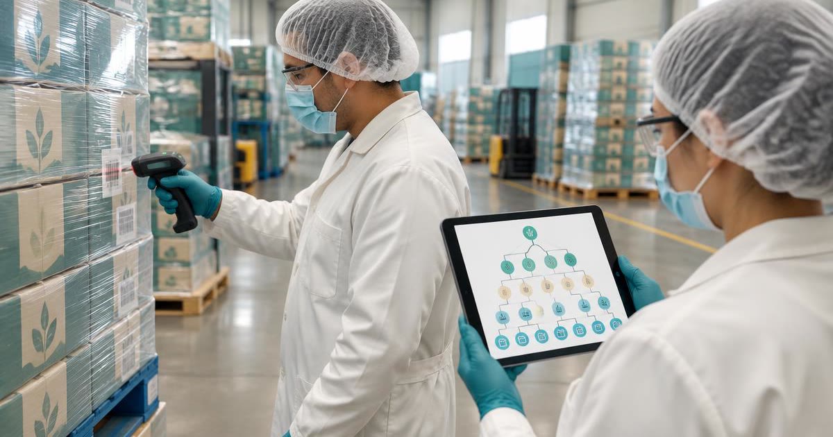Protected warehouse colleagues tracing material lots with a scanner and tablet