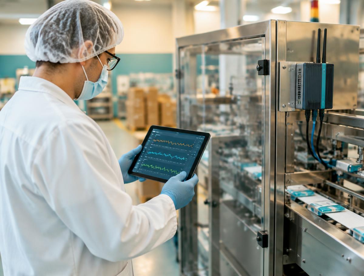 Engineer in hairnet, mask, glasses and gloves viewing live machine signal trends on a tablet beside a packaging machine