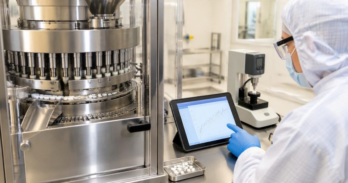 Gowned operator checking main compression force trends on a tablet beside a rotary tablet press