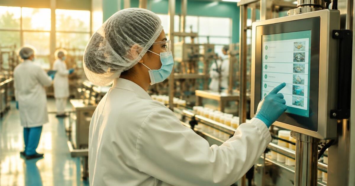 Manufacturing execution system: an operator in PPE follows step-by-step work instructions on a touchscreen beside a filling line