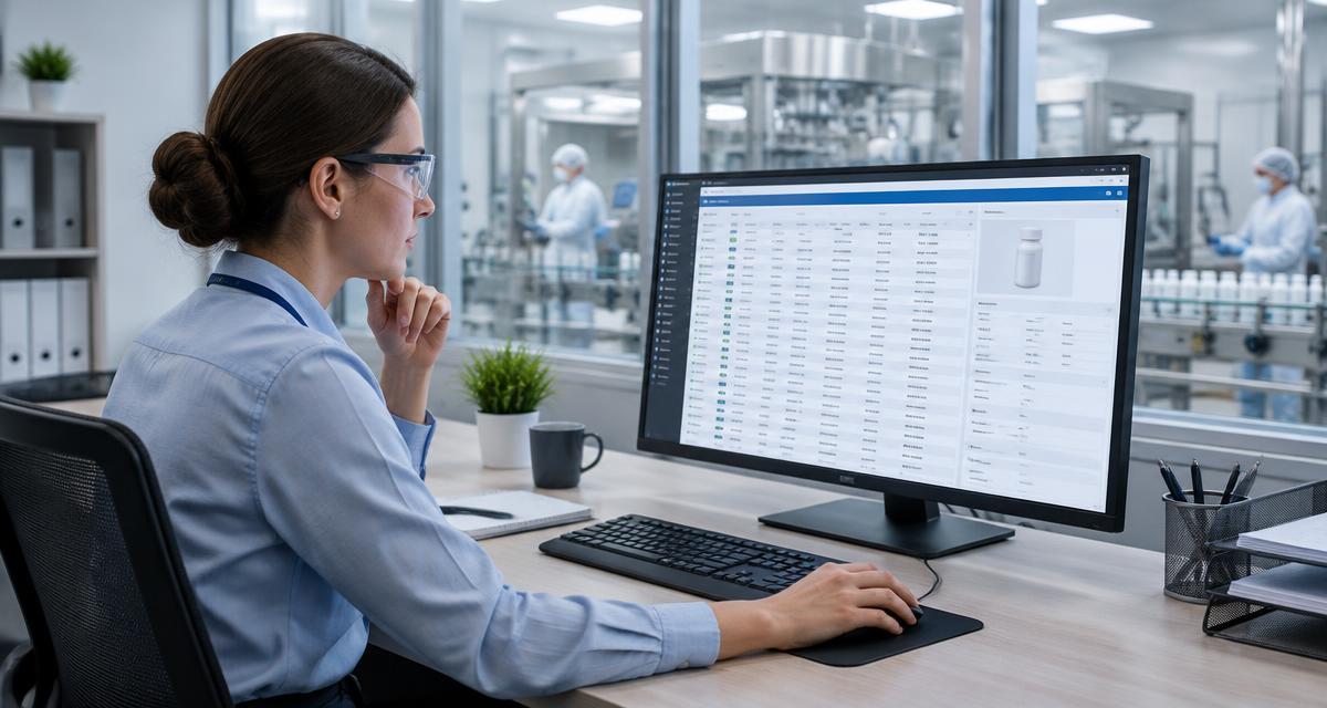 Master data governance: a data steward reviews material master records on a monitor with a clean production area behind glass