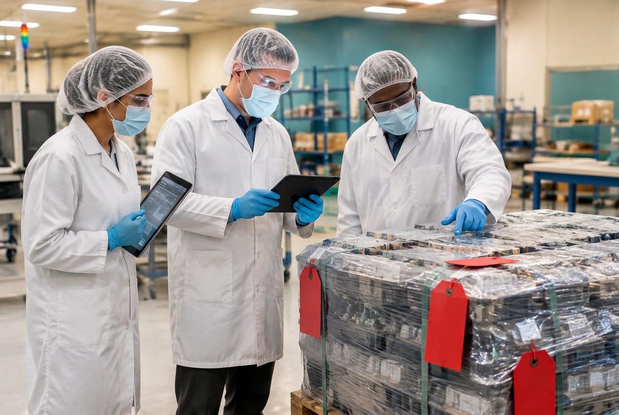 Material review board context: protected staff assessing a quarantined, hold-tagged pallet with tablets
