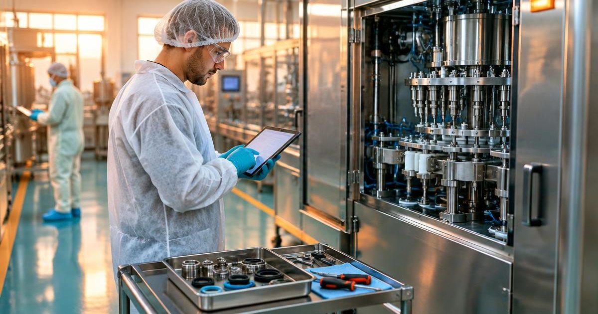 Mean time between failures (MTBF): a maintenance technician in hairnet, glasses and gloves records a repair on a tablet beside an opened filling machine