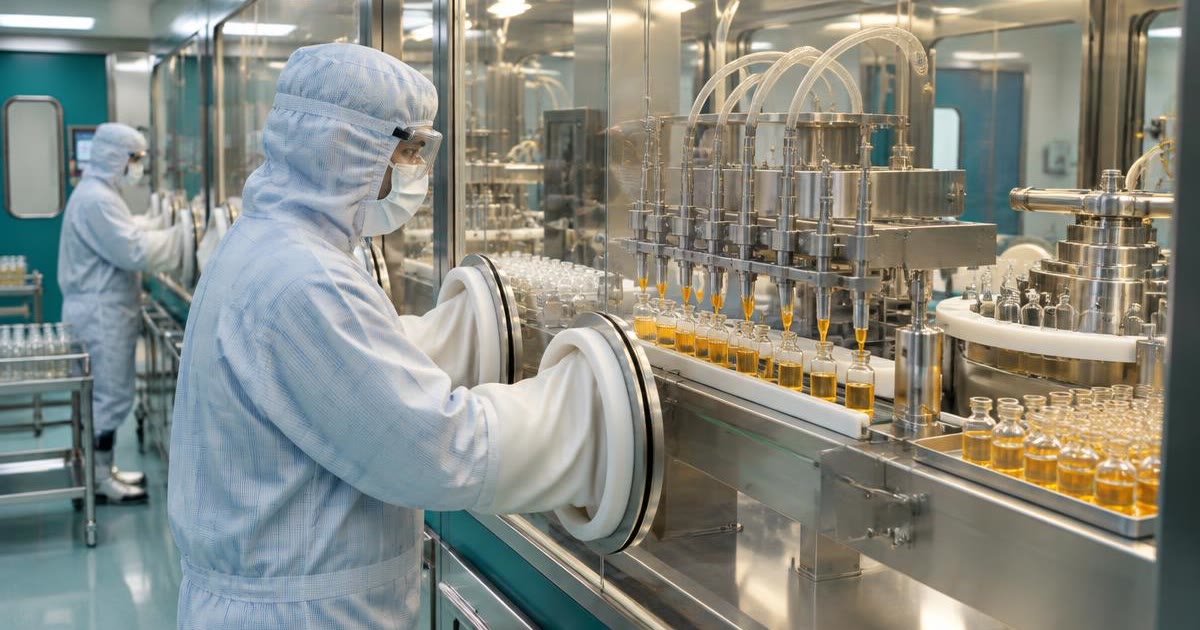 Media fill aseptic process simulation: gowned operators work through isolator glove ports while vials are filled with growth medium