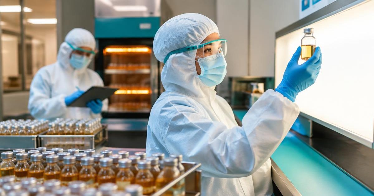 Media fill: a gowned microbiology analyst inspects an incubated vial of growth medium against a light box beside trays of filled vials