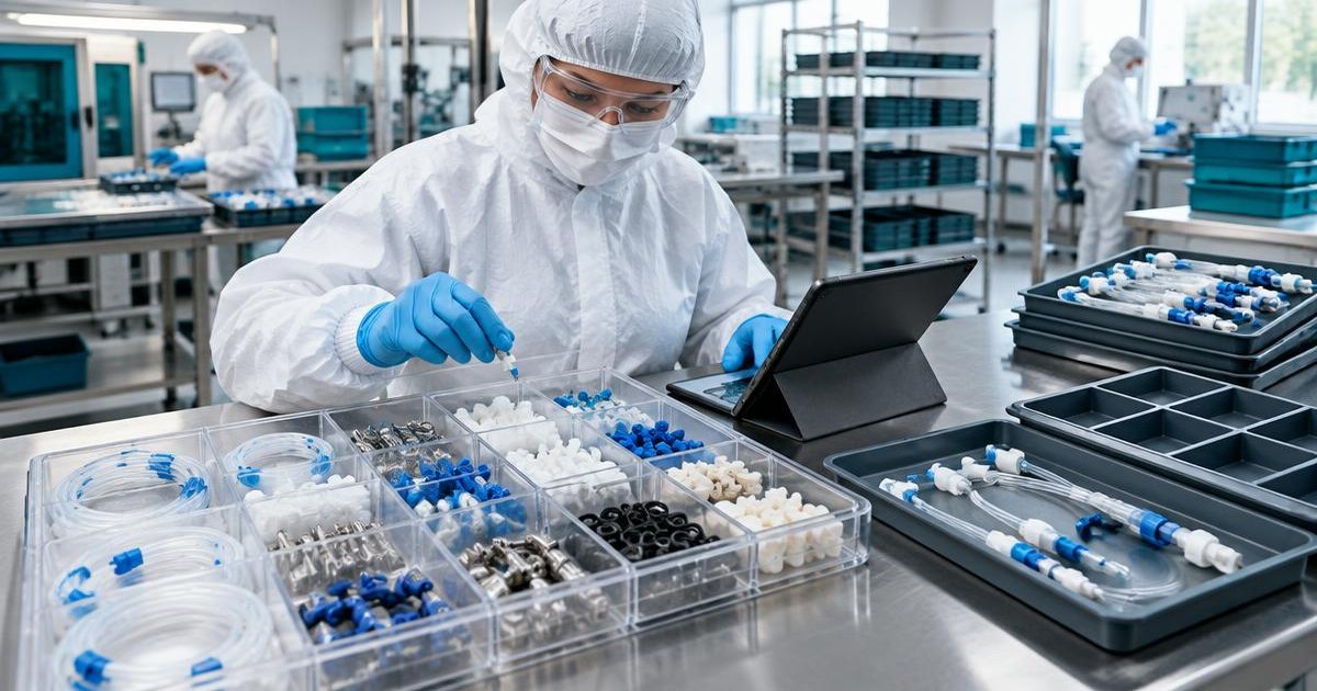 Protected manufacturing colleague matching kit components at a tablet-guided workstation