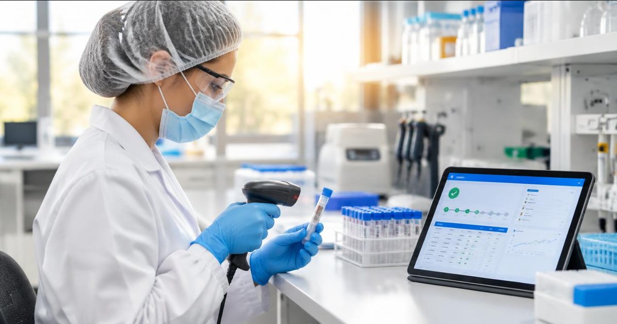 MES LIMS integration: a lab analyst scans a sample tube while a tablet shows batch steps linked to lab results