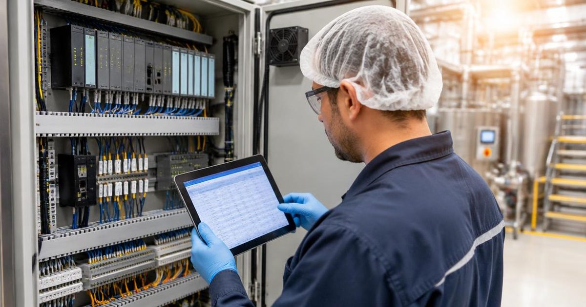 Automation engineer reviewing an MES PLC tag mapping table on a tablet at a PLC control cabinet