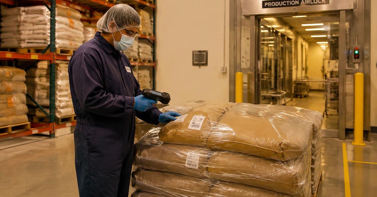 Worker in coverall, hair cover, mask and gloves scanning a labelled ingredient bag beside a production airlock
