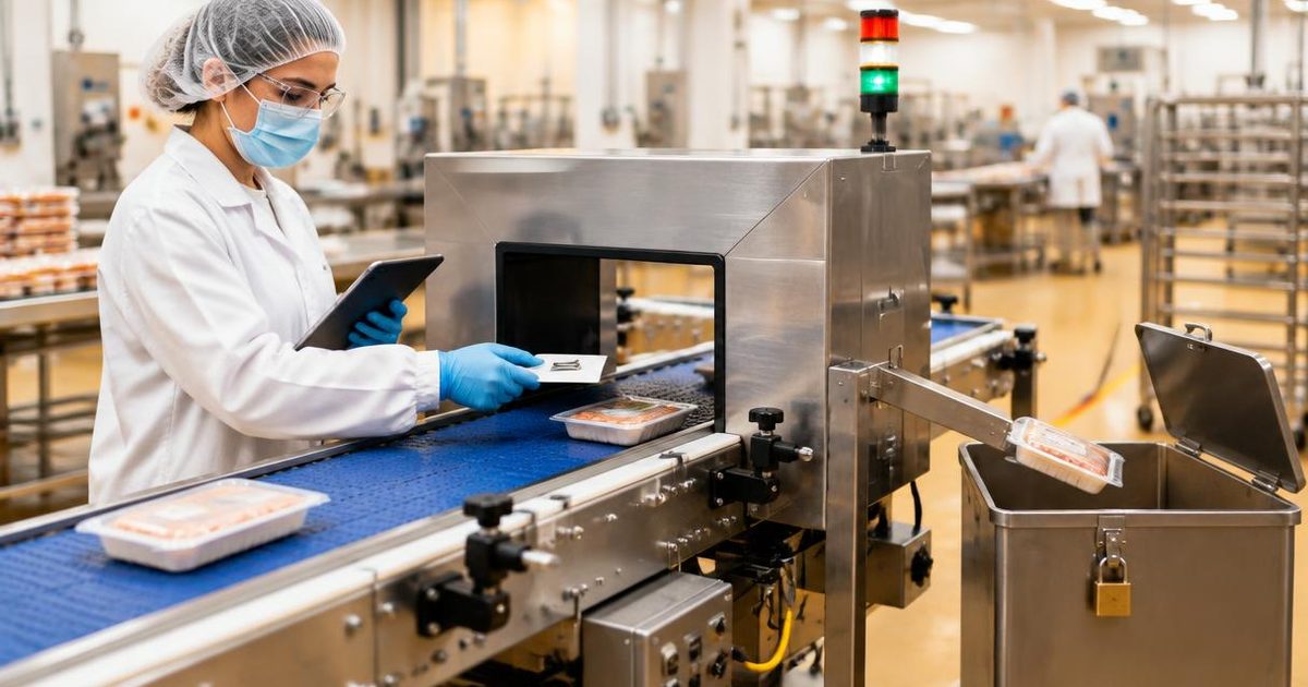 Protected food operator checking a conveyor detector challenge and reject bin