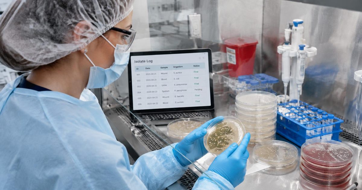 Microbiologist in PPE examining colonies on an agar plate in a safety cabinet with an isolate log on a tablet