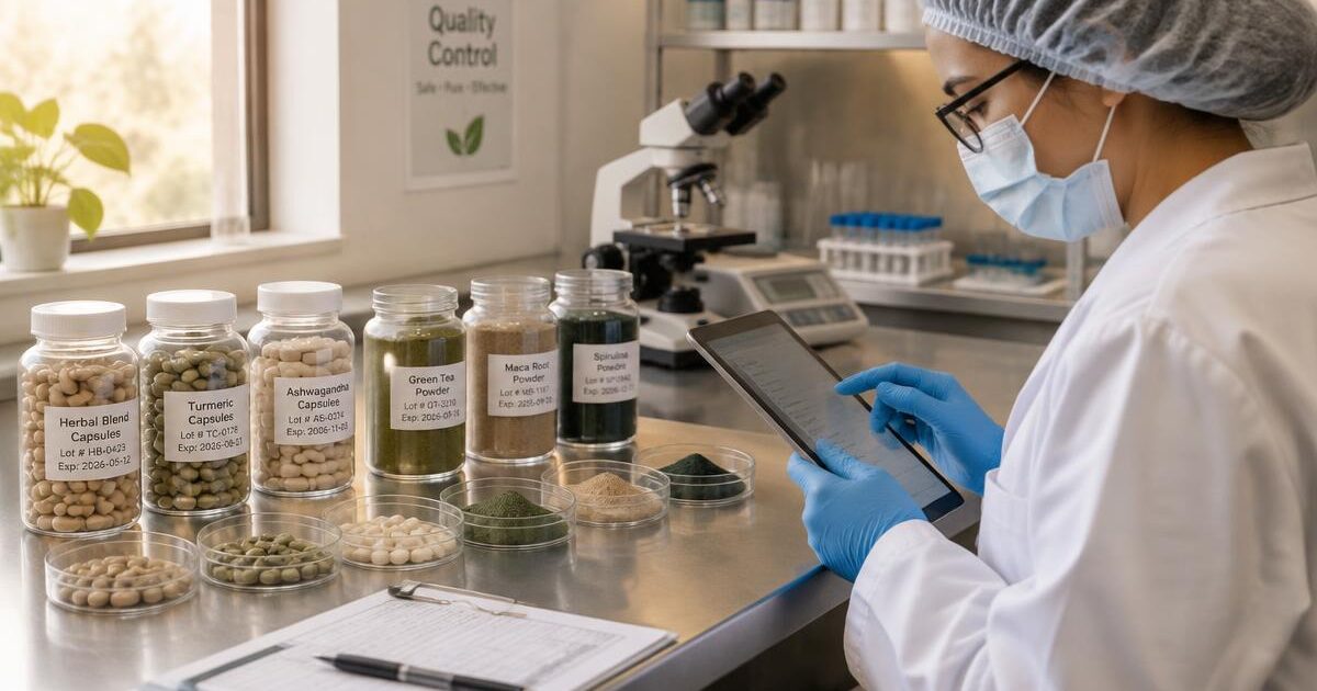 Microbial limits for supplements: a QC analyst reviews capsule and botanical powder samples beside culture dishes on a tablet