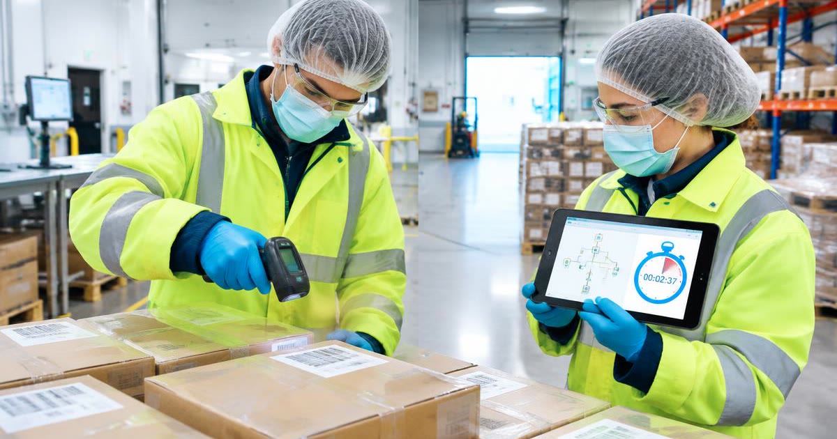 Protected warehouse colleagues running a trace exercise with a scanner and tablet