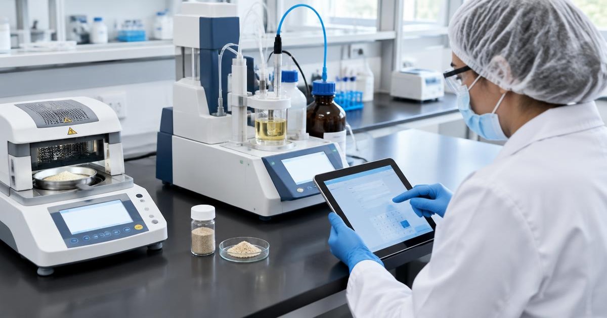 moisture correction charge context: protected personnel examining relevant equipment and materials with a tablet in a manufacturing workplace