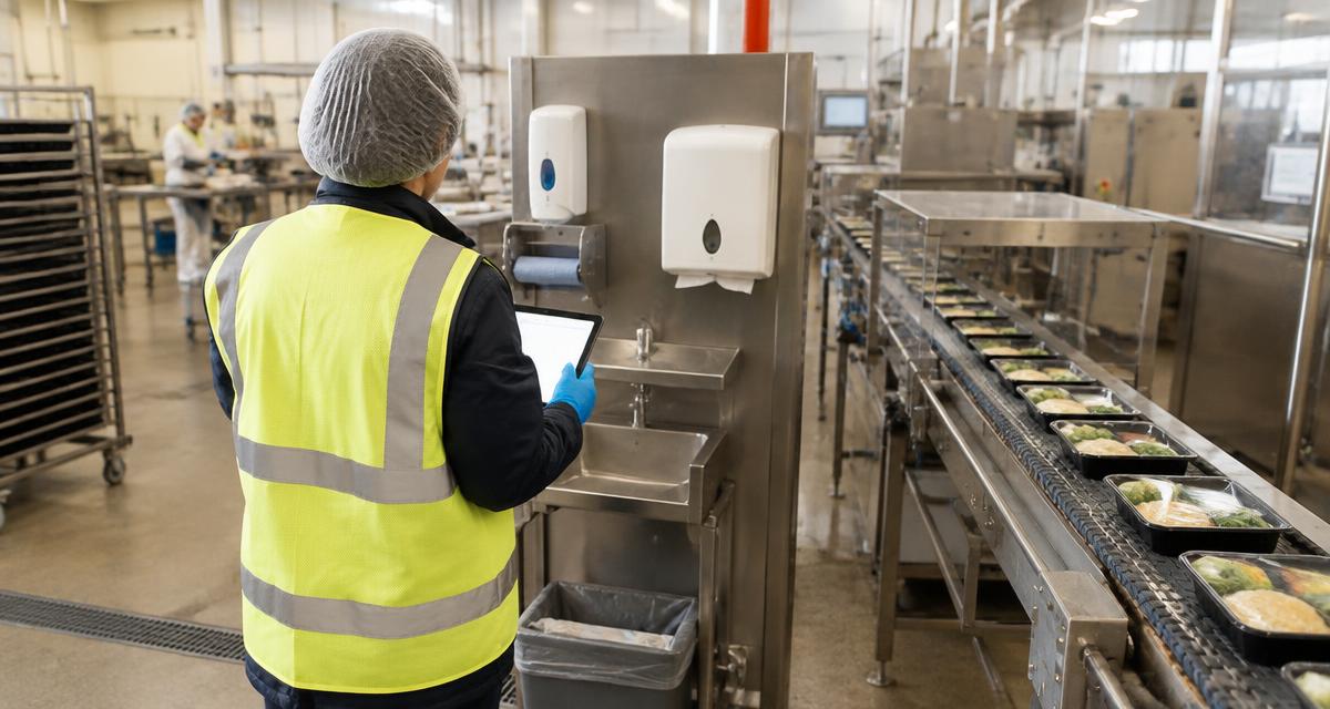 Supermarket manufacturing standard context: a food factory floor with an auditor checking a hygiene station with a tablet